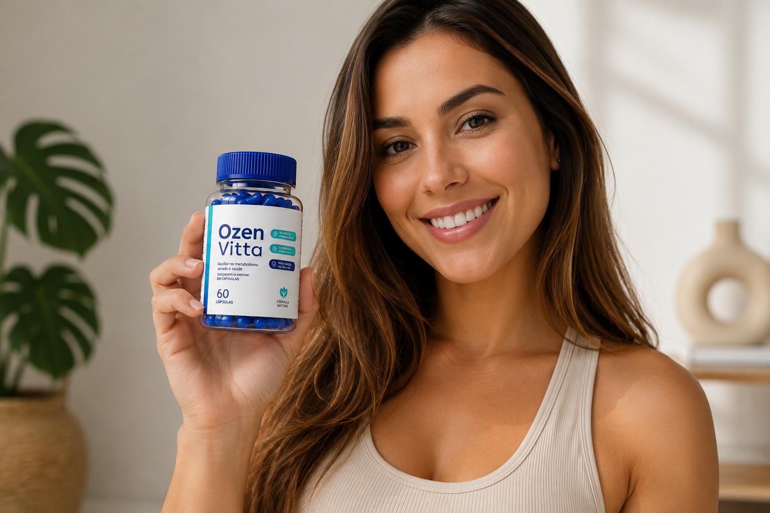 Mulher em pé segurando o produto